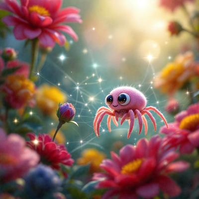 The primary subject of the image is a small pink spider with big eyes, sitting on a flower. The setting is a garden with a variety of flowers, including a large pink flower in the foreground. The visual style is a digital art or illustration, creating a whimsical and playful atmosphere. The colors are predominantly pink and red, with the pink spider being the focal point of the scene.